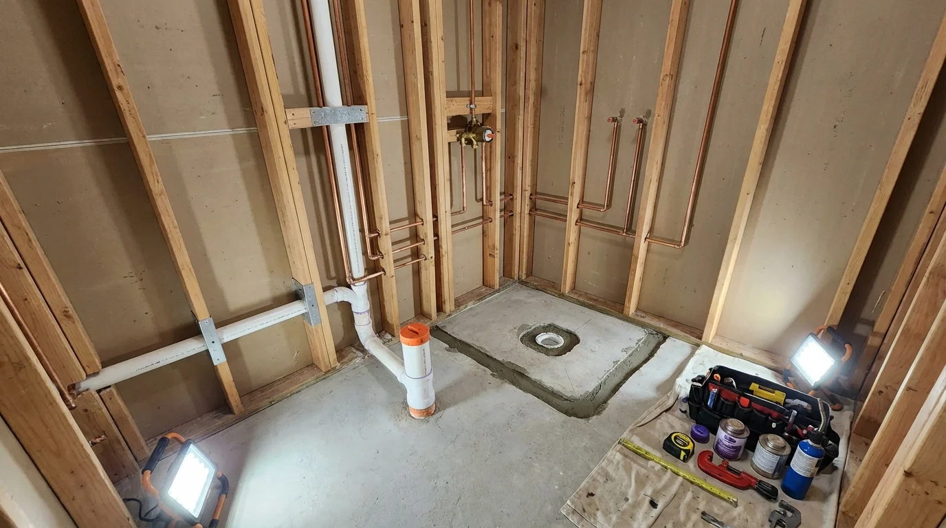 Bathroom rough-in plumbing during remodel by Johns Plumbing LLC in Albia