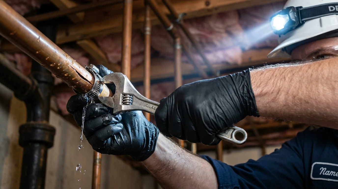 Emergency pipe clamp repair being performed by a Johns Plumbing LLC plumber in Albia