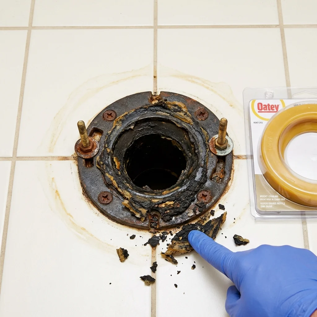 Failed wax ring showing water seepage at the base of a toilet in a Albia, IA home