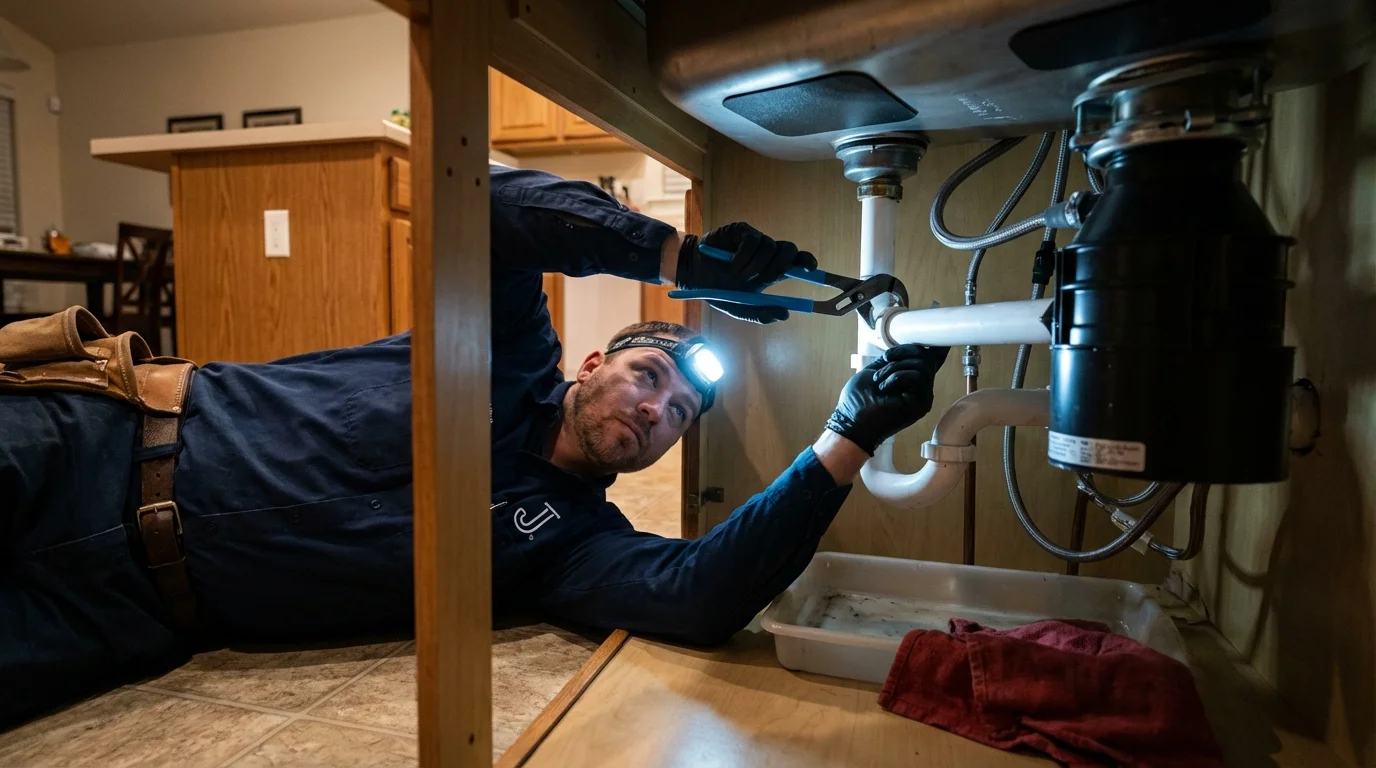 P-trap and supply line connections under a kitchen sink showing a common leak point in Albia, IA